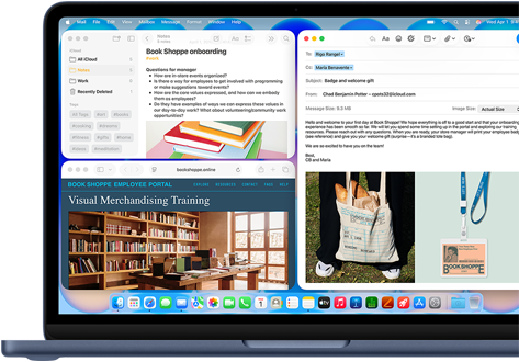MacBook Neo, Farbe Indigo, das Display zeigt eine Begrüßungsmail für neue Mitarbeitende in einer Buchhandlung, andere Fenster enthalten Notizen mit Informationen zum Onboarding und zum Mitarbeiterportal der Buchhandlung in Safari